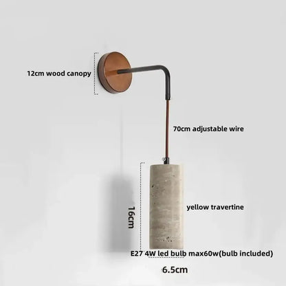 Industrial-style led wall lamp with warm wood canopy black adjustable arm and yellow travertine shade for bedroom use