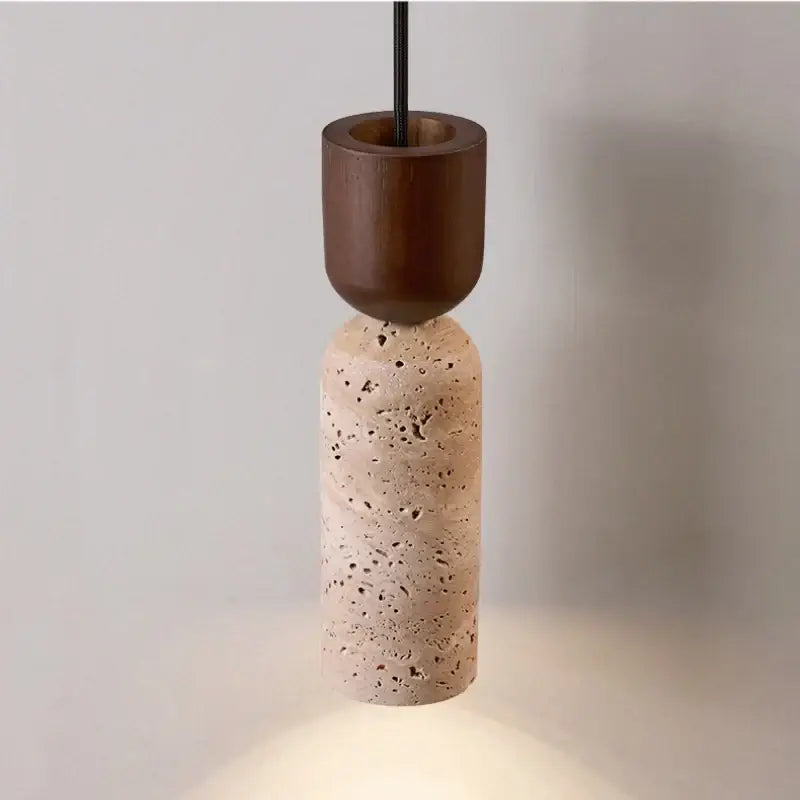 Modern wood and travertine led wall lamp with dark wood top and textured beige concrete body for bedroom use