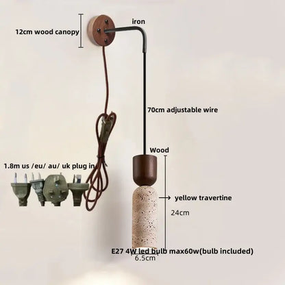 Modern wood and travertine led wall lamp with yellow travertine body, wooden canopy, and adjustable black wire for bedroom use