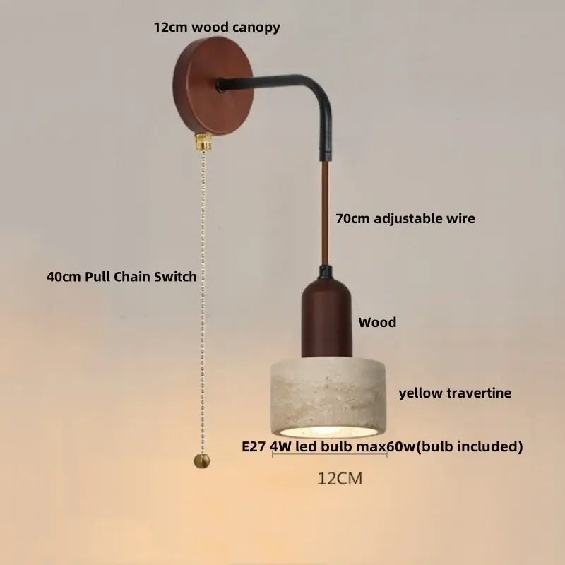 Modern wood and travertine led wall lamp with warm brown wooden canopy black adjustable wire and yellow travertine shade