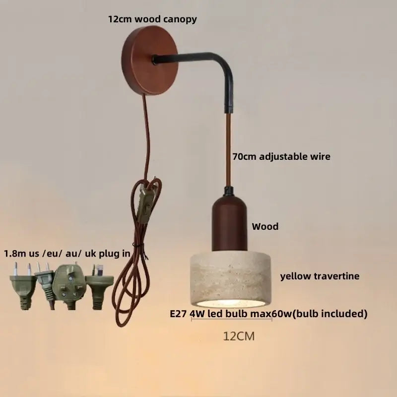 Modern wood and travertine led wall lamp with yellow shade, adjustable black metal arm, and wooden canopy for bedroom use