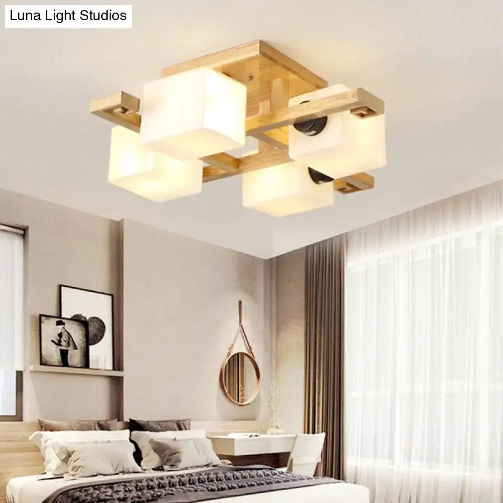 DecorBites™ Nordic style flush mount chandelier with white glass shades and wood canopy for living room lighting