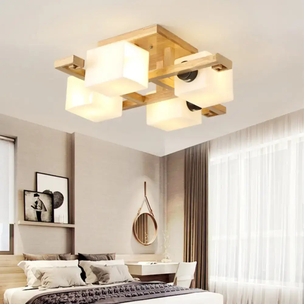 Decorbites nordic style flush mount chandelier with white glass panels and wood canopy for living room lighting