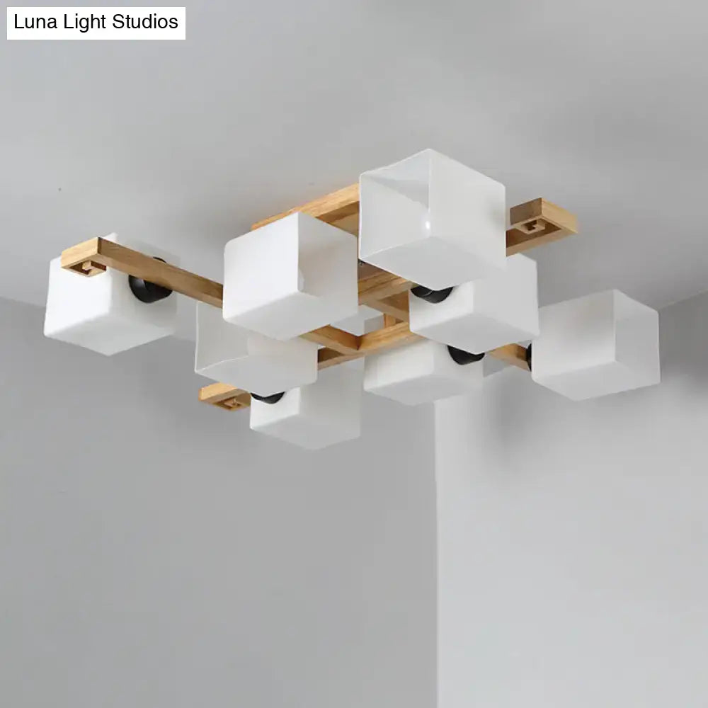 DecorBites™ nordic style flush mount chandelier with white frosted glass cubes and wood canopy for living room lighting