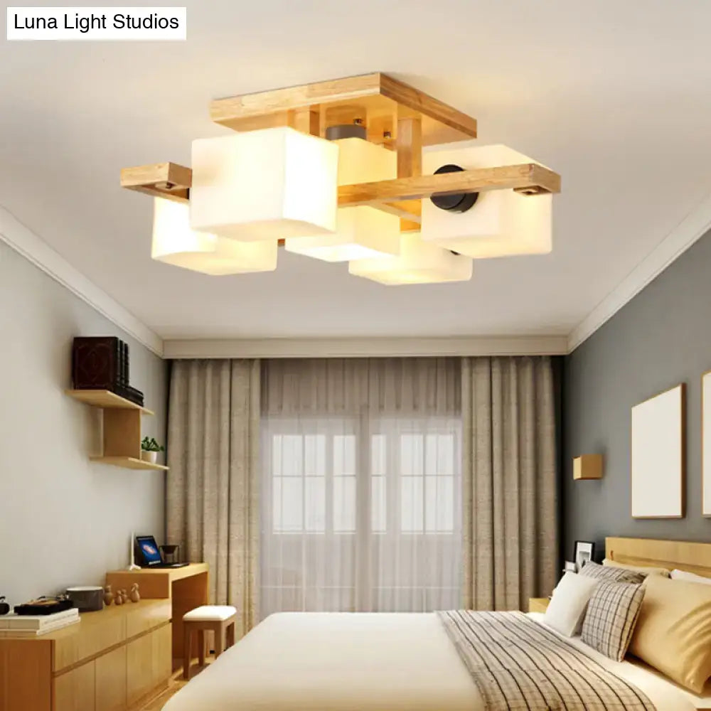 DecorBites™ nordic style flush mount chandelier with white glass shades and wood canopy for living room lighting
