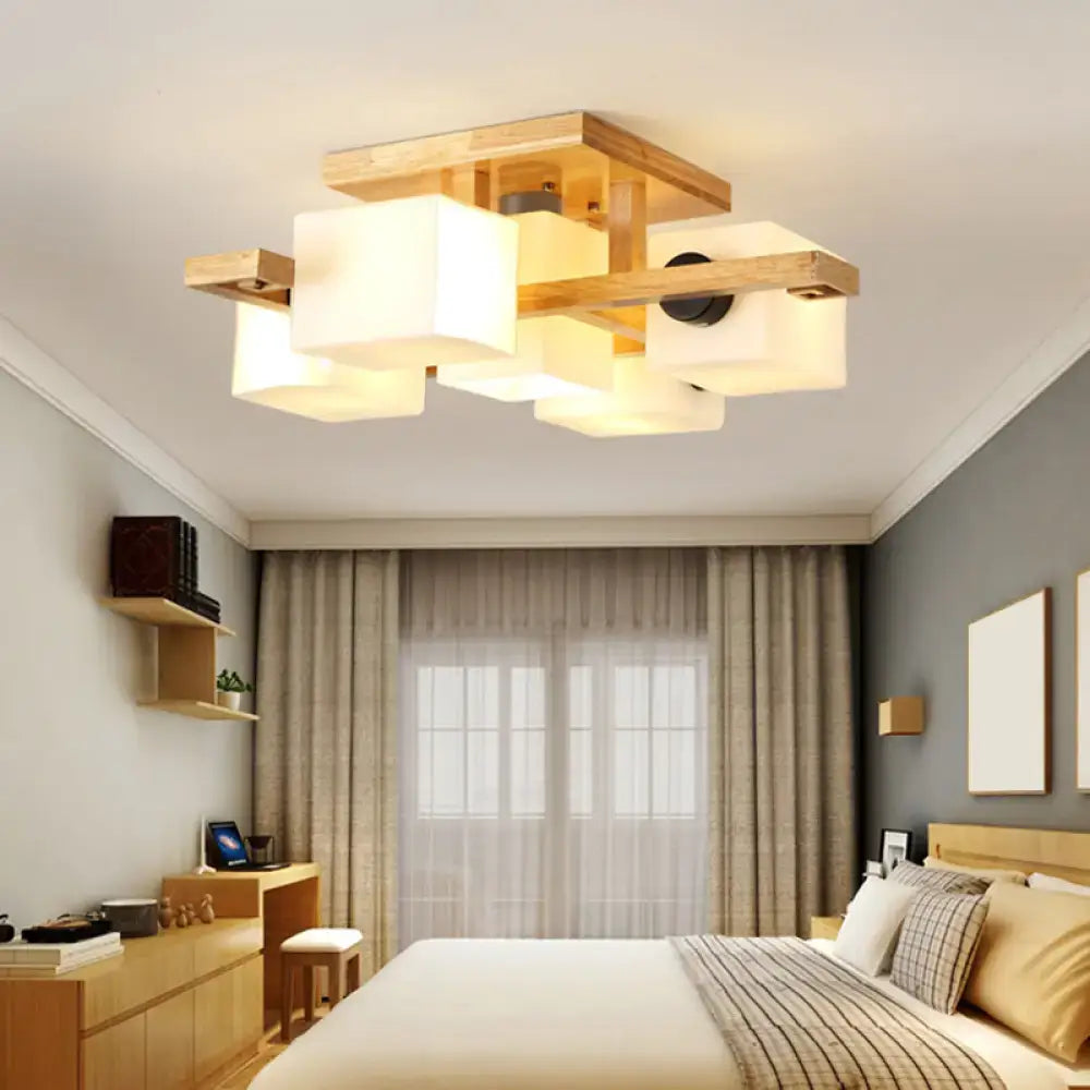 Modern wooden ceiling light with white glass shades and wood canopy for living room lighting by decorbites nordic style