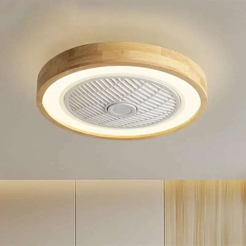 Modern wood and white led ceiling fan with remote control featuring circular natural wood finish and white grille light