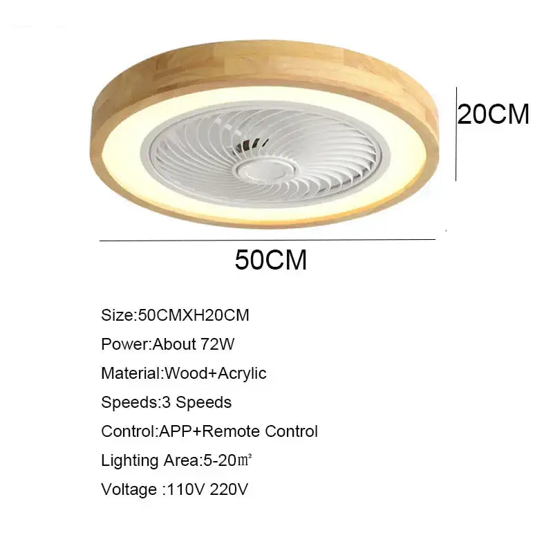 Modern wood and white led ceiling fan with remote control featuring circular design and light wood finish ring