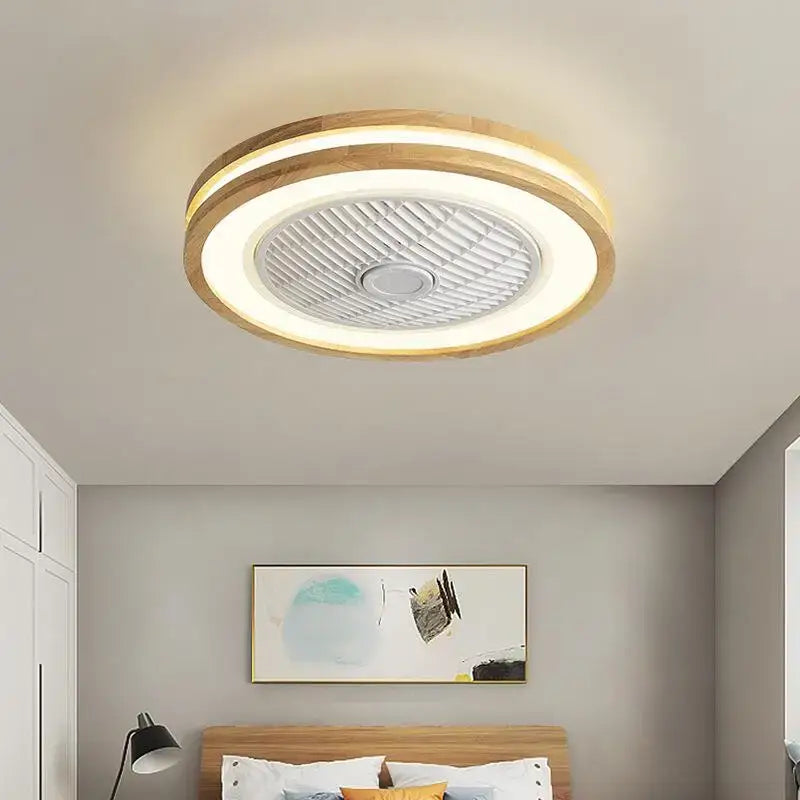 Modern wood and white led ceiling fan with remote control featuring circular light wood frame and integrated led light for bedroom