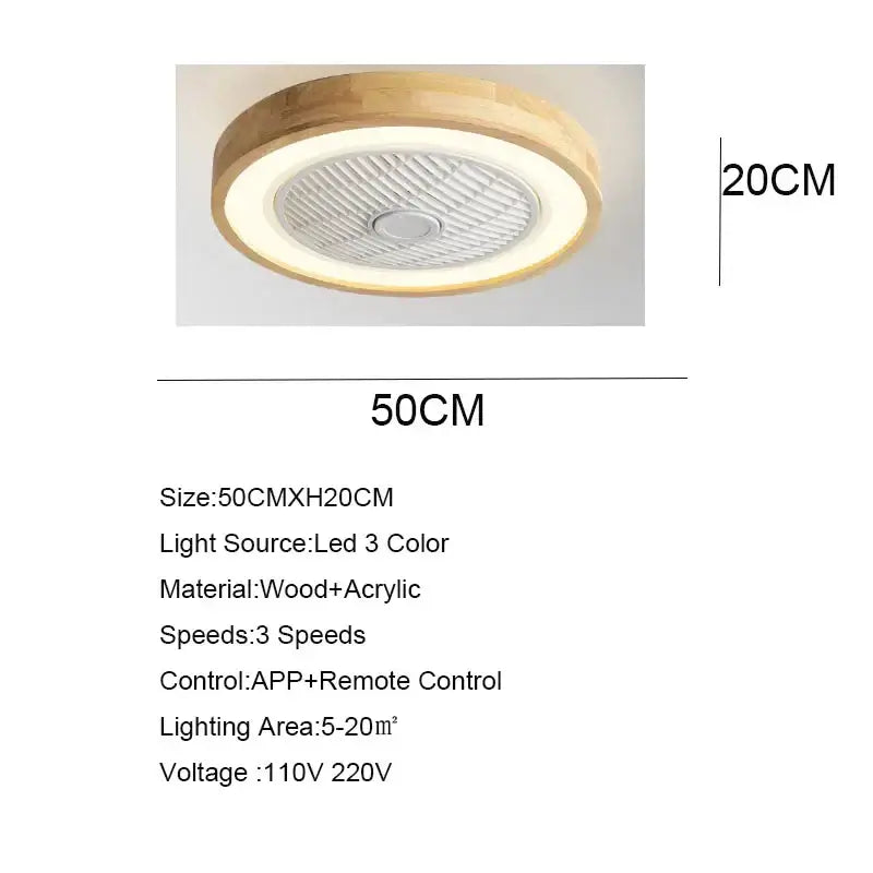 Modern wood and white led ceiling fan with remote control featuring circular light wood ring and white acrylic led light