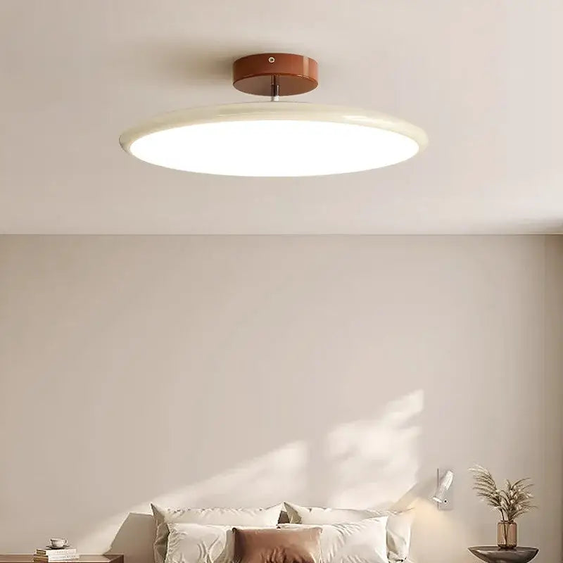 Modern wood and white nordic ceiling light with warm brown wooden base and white acrylic diffuser dimmable ceiling lamp decorbites