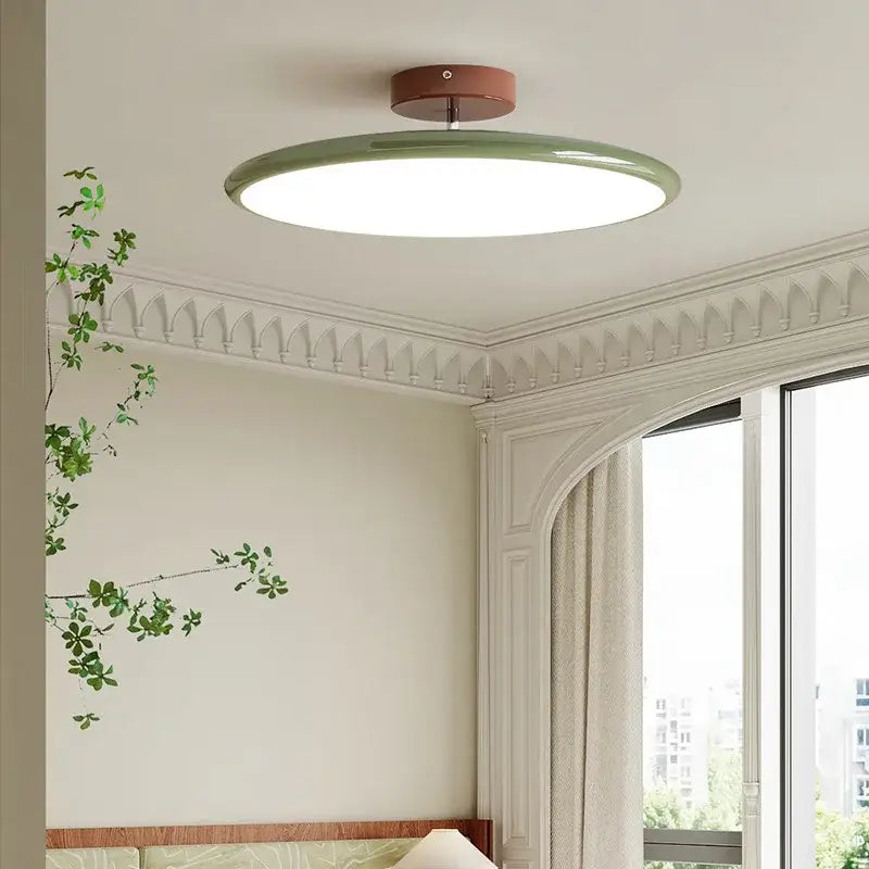 Modern wood and white nordic ceiling light with dimmable matte sage green shade and warm brown wooden base decorbites ceiling lamp