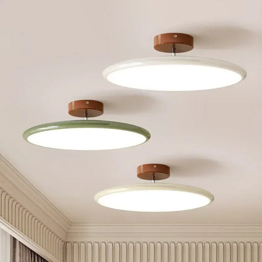 Three modern ceiling lights with matte white diffusers and warm brown wooden rings decorbites dimmable nordic ceiling lamp