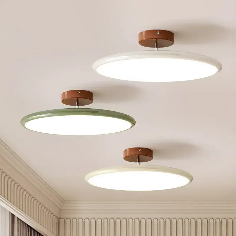 Three modern ceiling lights with matte white diffusers and warm brown wooden rings decorbites dimmable nordic ceiling lamp
