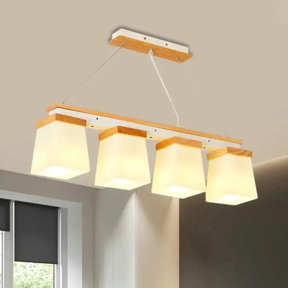 DecorBites™ Nordic island chandelier with four square shade white lights on natural wood frame for dining room use