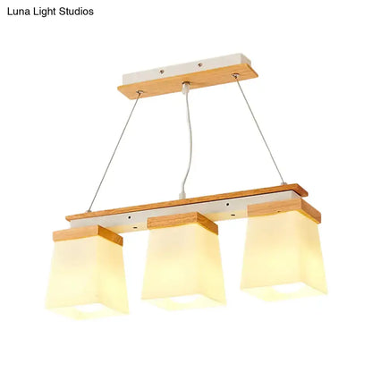 Modern DecorBites™ Nordic Island chandelier with square shade, white lights, wooden accents for dining room lighting