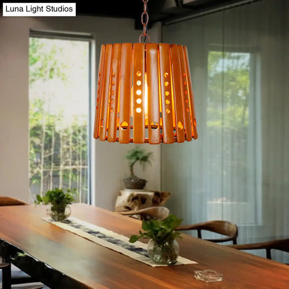 Modern Wood Barrel Pendant Light: Stylish 1-Light Fixture for Dining Room in Brown