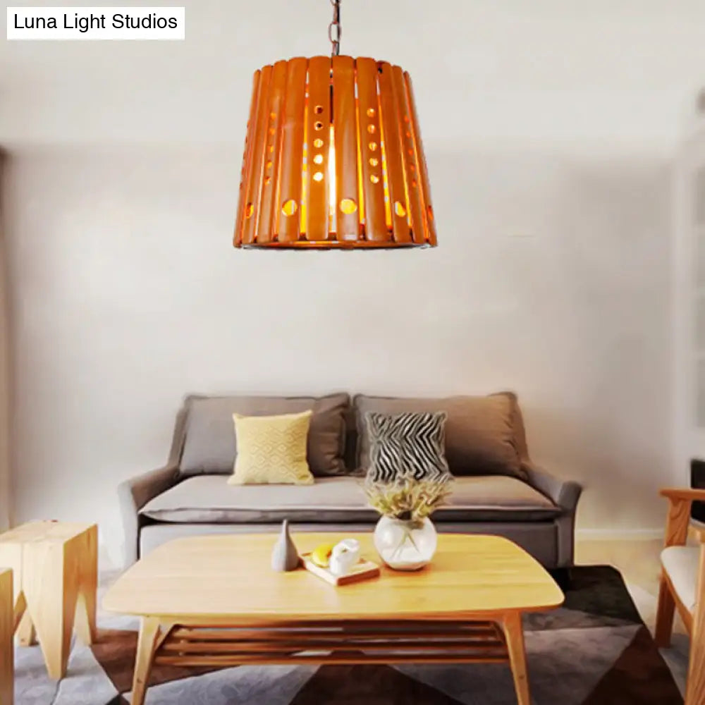 Modern Wood Barrel Pendant Light: Stylish 1-Light Fixture for Dining Room in Brown