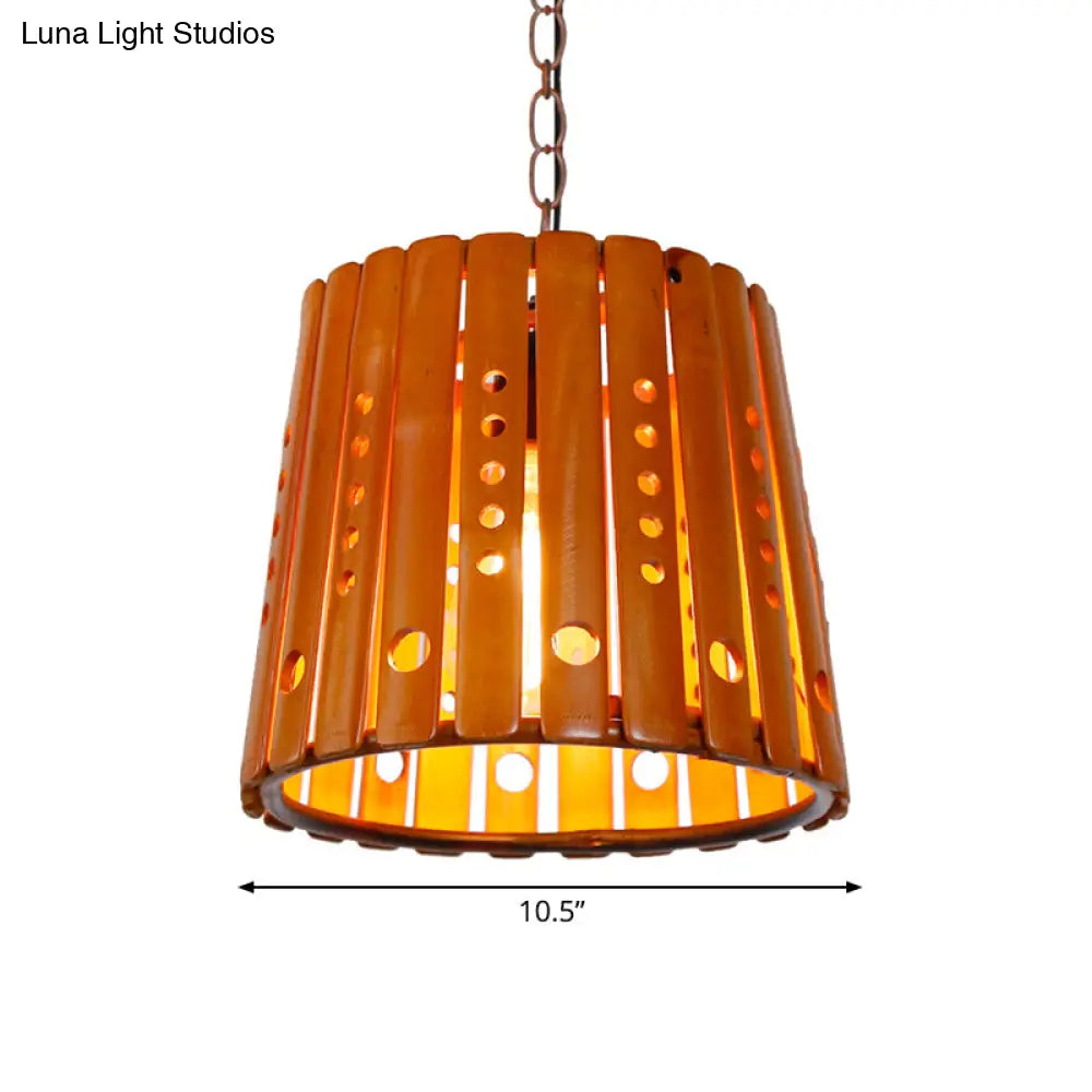 Modern Wood Barrel Pendant Light: Stylish 1-Light Fixture for Dining Room in Brown