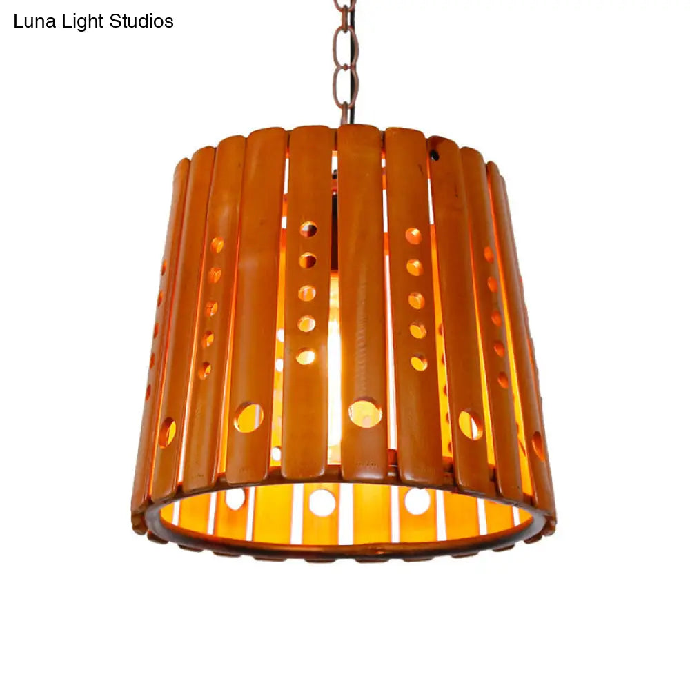 Modern Wood Barrel Pendant Light: Stylish 1-Light Fixture for Dining Room in Brown