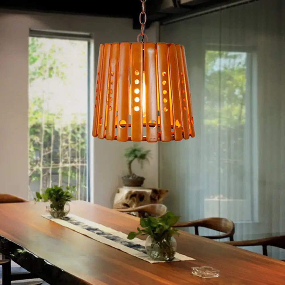 Modern Wood Barrel Pendant Light: Stylish 1-Light Fixture for Dining Room in Brown