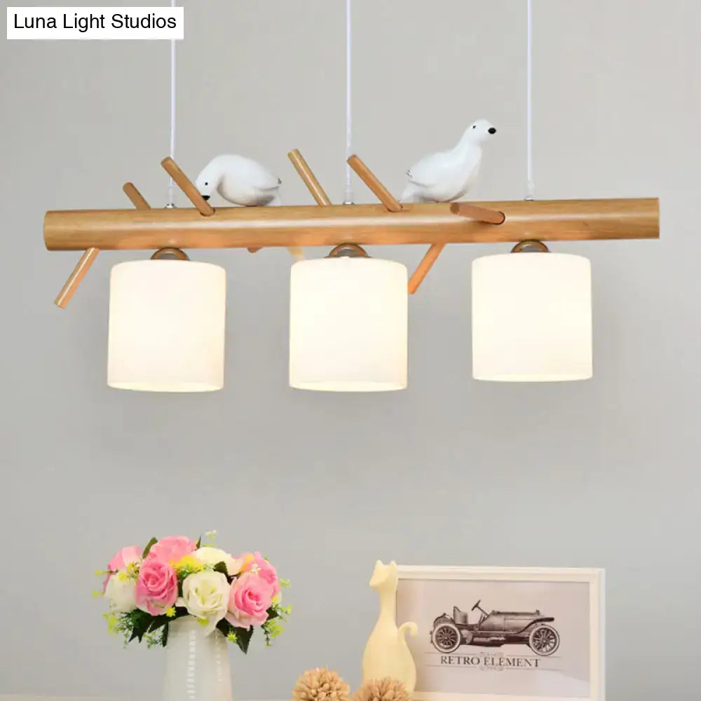 Decorbites™ wooden hanging chandelier with natural wood beam, white glass shades, bird décor for dining room 220v-240v led incandescent fluorescent