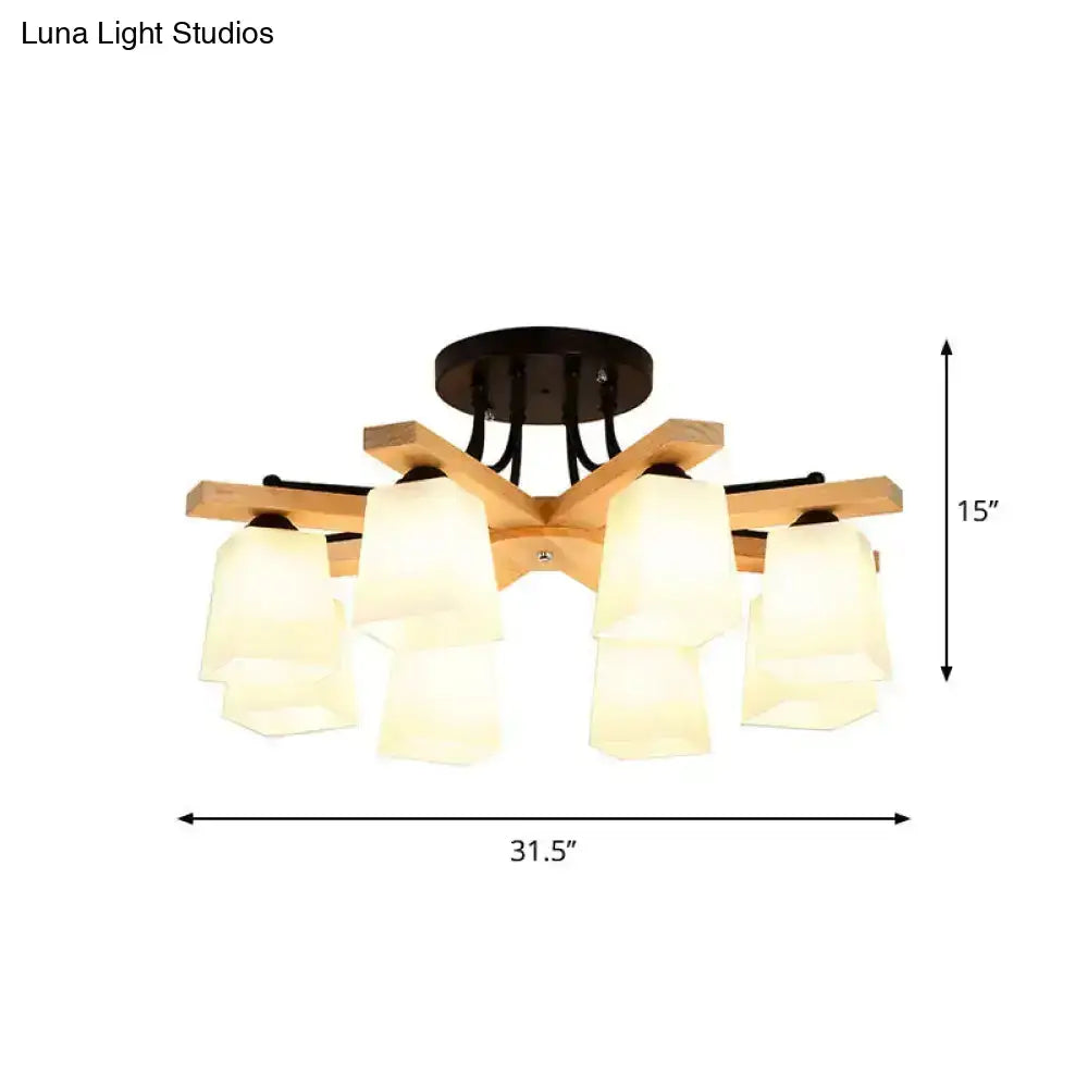 Modern wooden semi flush mount chandelier with five milk glass shades and black metal base for living room lighting