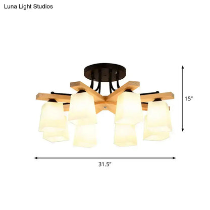 Modern wooden semi flush mount chandelier with five milk glass shades and black metal base for living room lighting