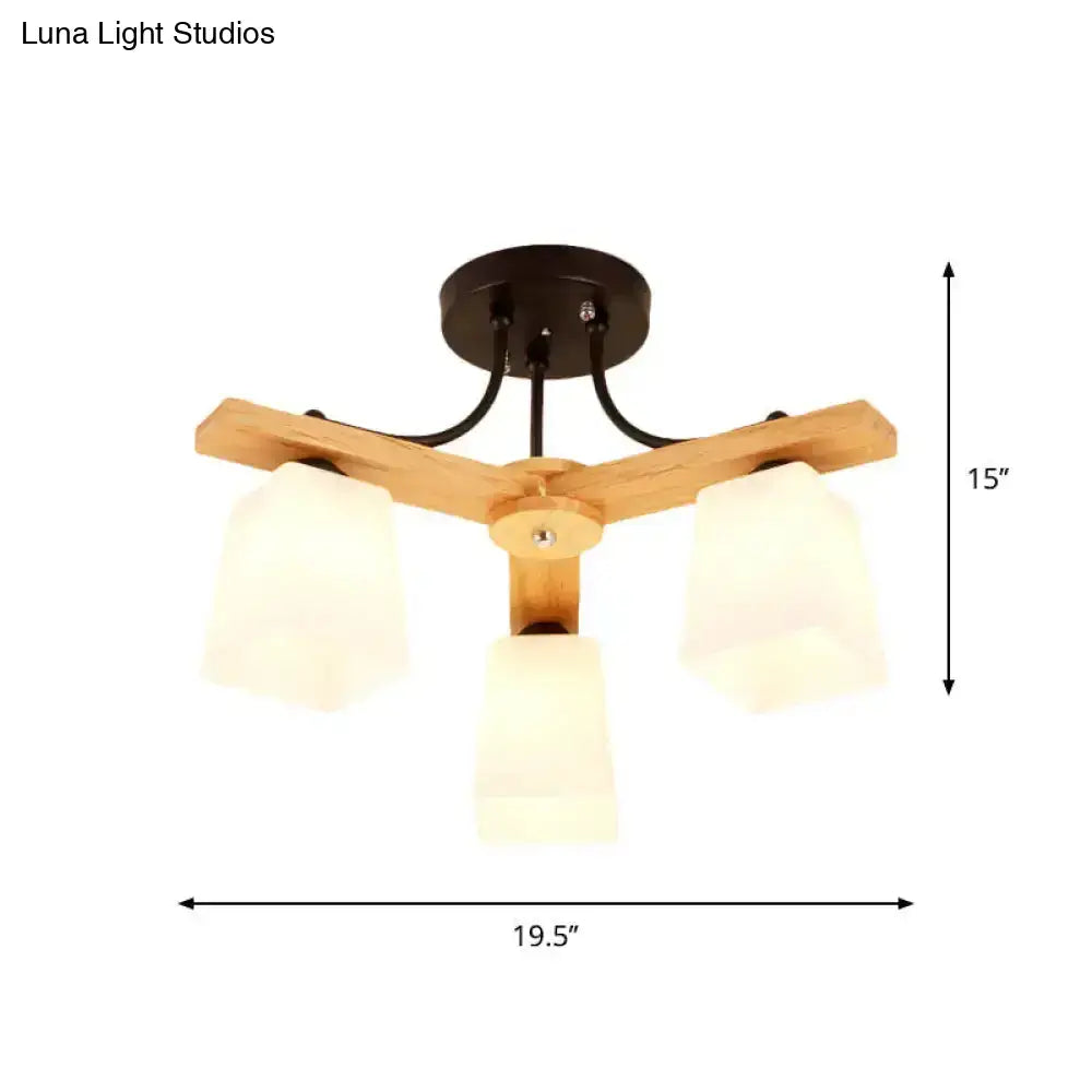 Rustic wooden three-light semi flush mount ceiling fixture with black metal accents and milk glass shades for living room