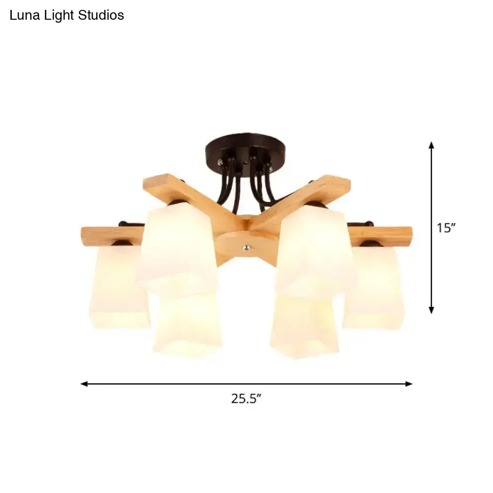 Modern wooden semi flush mount chandelier with five milk glass shades and black metal ceiling mount for living room lighting