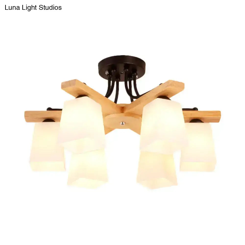 Modern wooden semi flush mount chandelier with five milk glass shades and dark metal ceiling mount for living room lighting