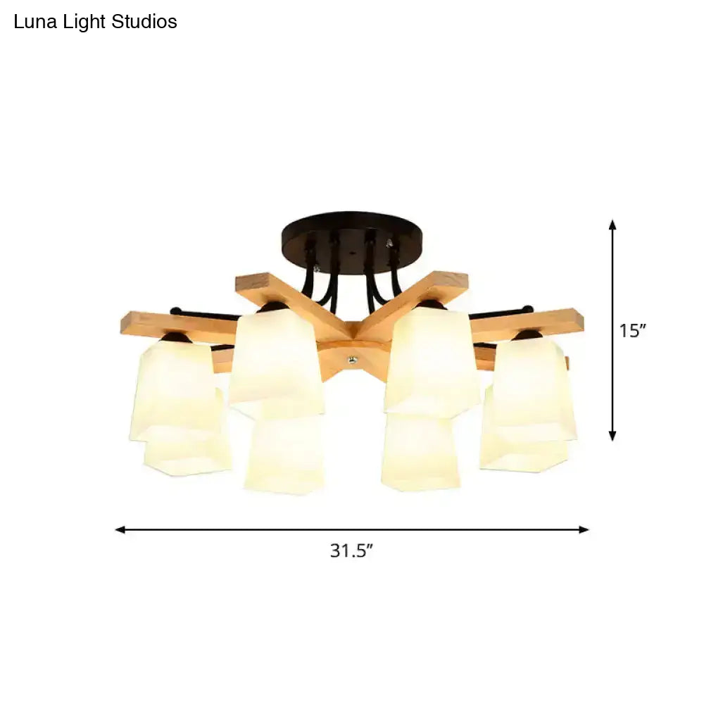 Modern semi flush mount ceiling light with dark metal base wooden arms and milk glass shade for living room use