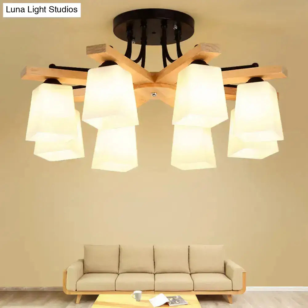Modern wood and black semi flush mount chandelier with six milk glass shades for living room lighting