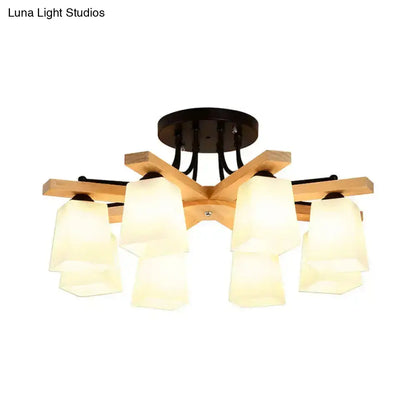Modern wood and black semi flush mount chandelier with five milk glass shades for living room lighting