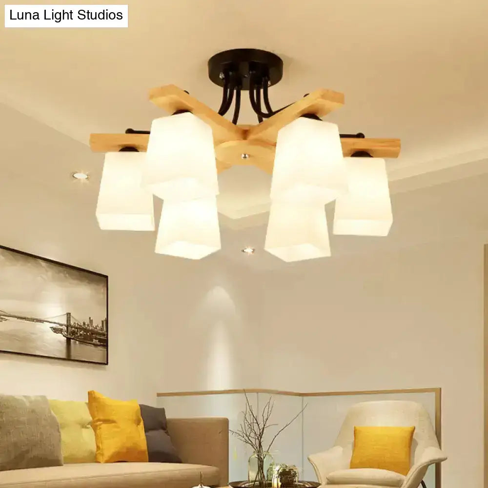 Modern wood and black semi flush mount chandelier with six milk glass shades for stylish living room lighting