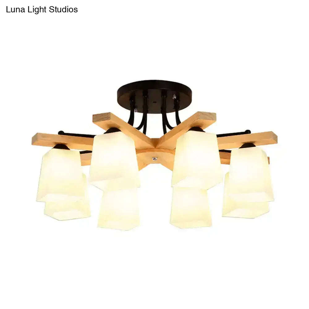Modern wood and black semi flush mount chandelier with five milk glass shade frosted glass shades for living room lighting