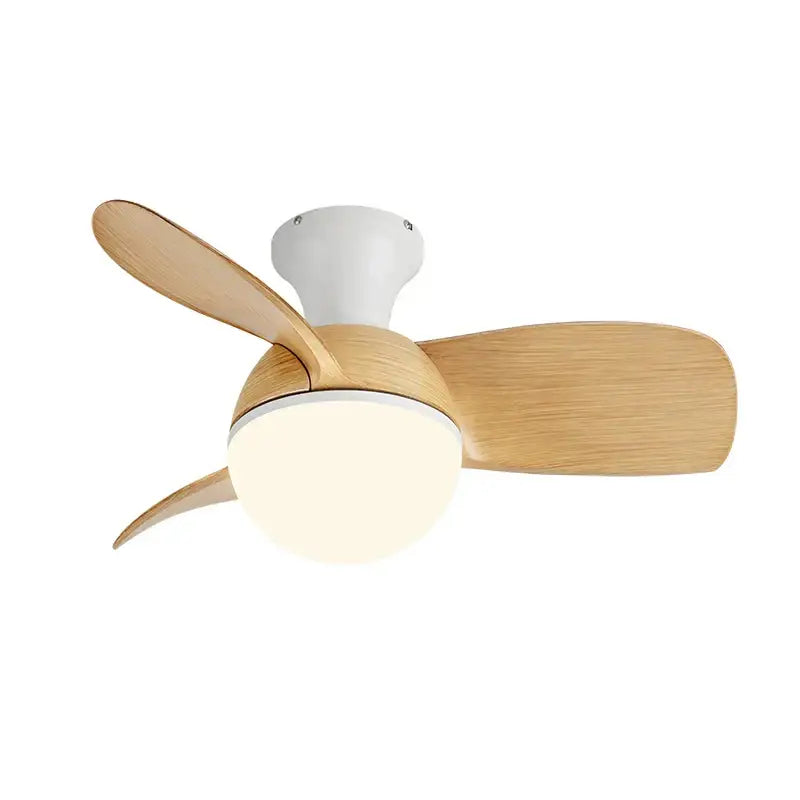 Modern ceiling fan light with three light wood blades and a white housing featuring an integrated spherical led bulb