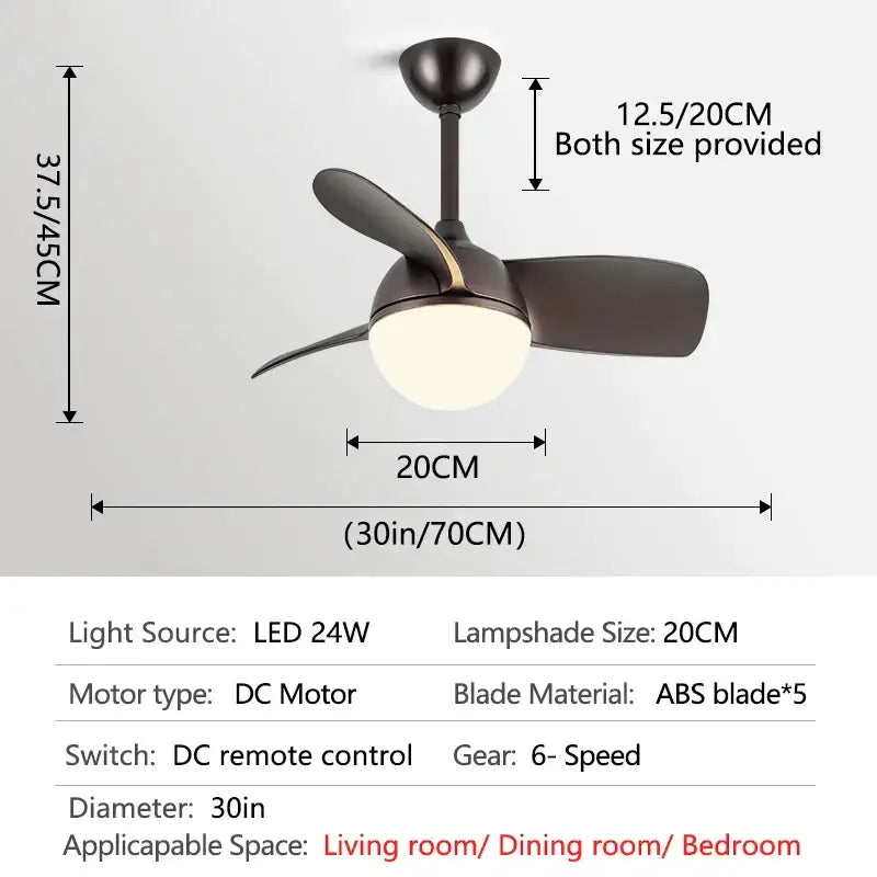 Black modern ceiling fan light with three sleek wood blades and frosted glass chandelier for bedroom use