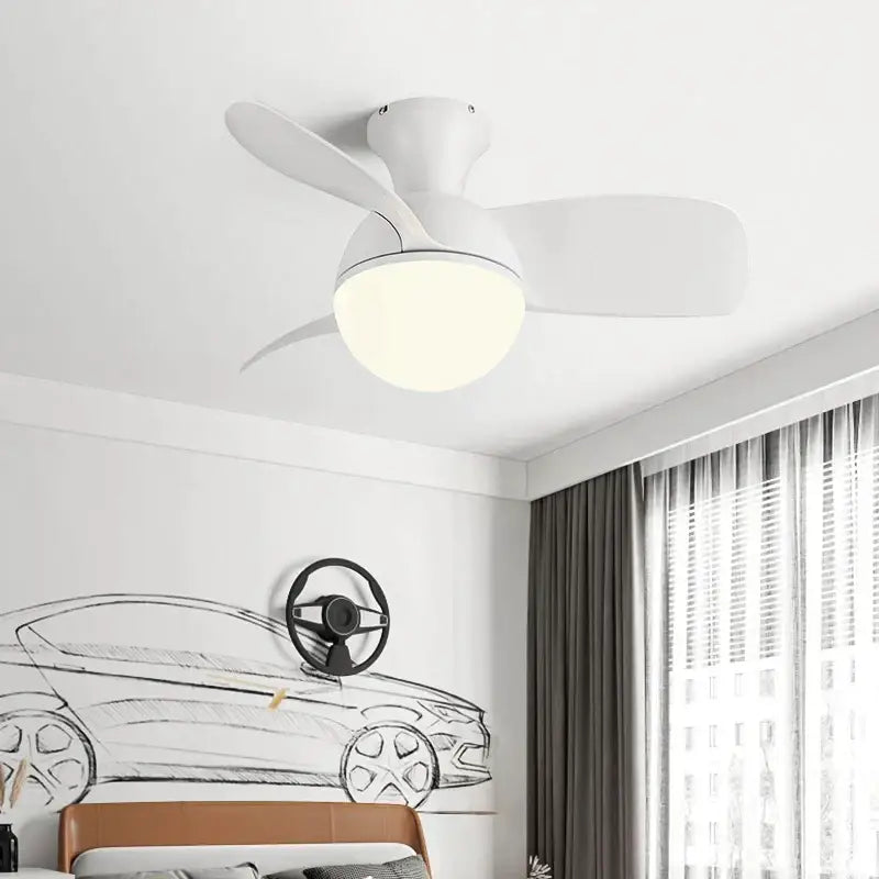 Modern white ceiling fan light with three sleek wood blades and integrated LED chandelier for bedroom use