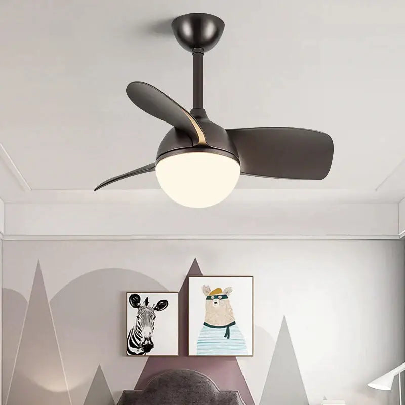 Black ceiling fan light with integrated white led chandelier and three matte wood blades for modern bedroom use