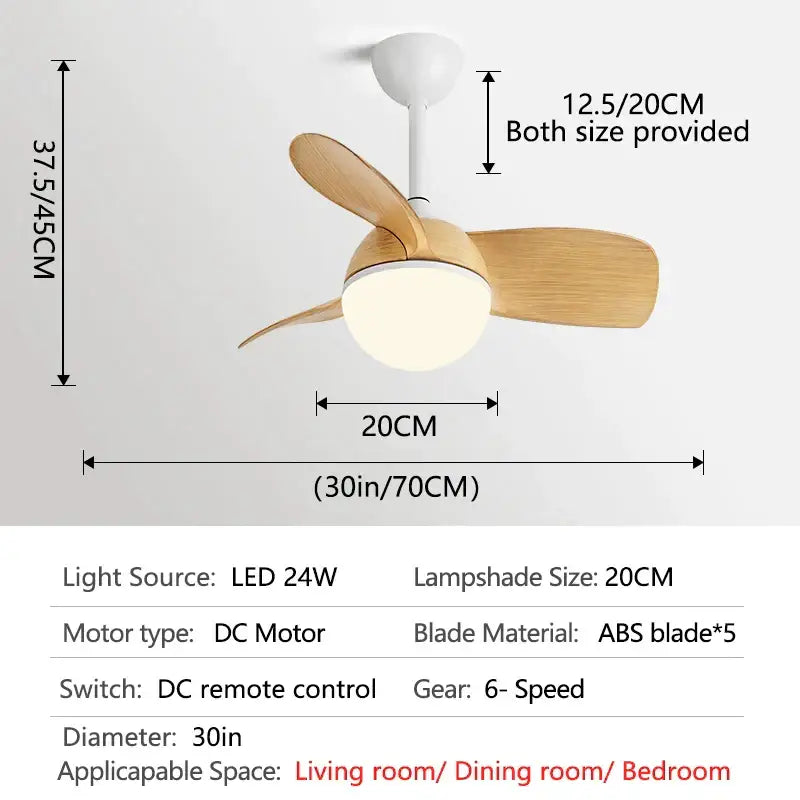 Modern ceiling fan light with three natural wood blades and white led chandelier housing for bedroom use