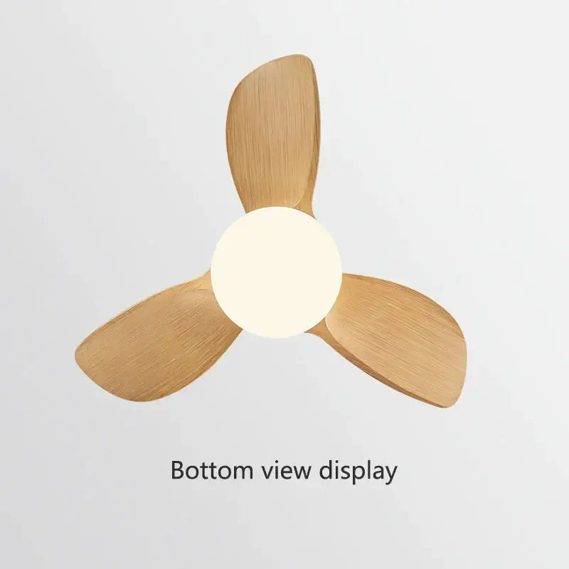 Modern wood blade ceiling fan light with three light brown wooden blades and white led chandelier lamp for bedroom use