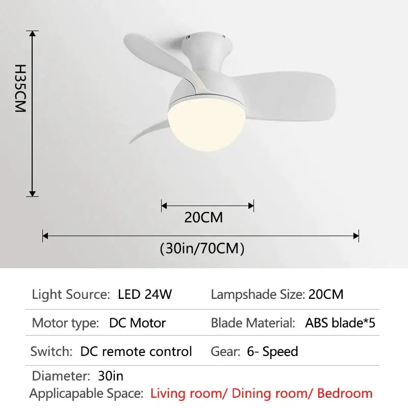 Modern white ceiling fan light with abs blades and dc motor designed as a wood blade chandelier for bedroom use