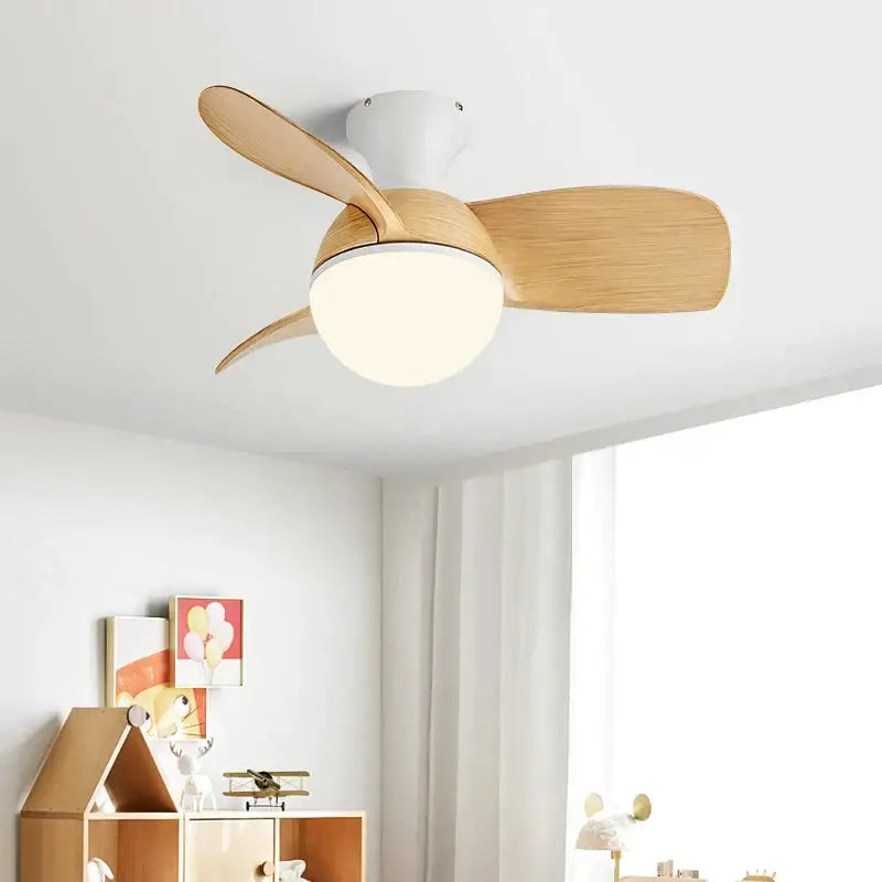 Modern ceiling fan light with three light wood blades and white led chandelier for bedroom fan light use
