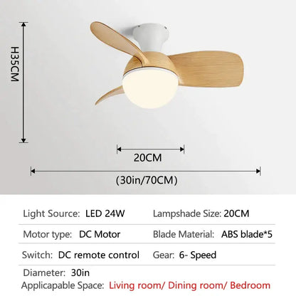 A modern ceiling fan light with three light wood blades and white led lampshade for bedroom chandelier use