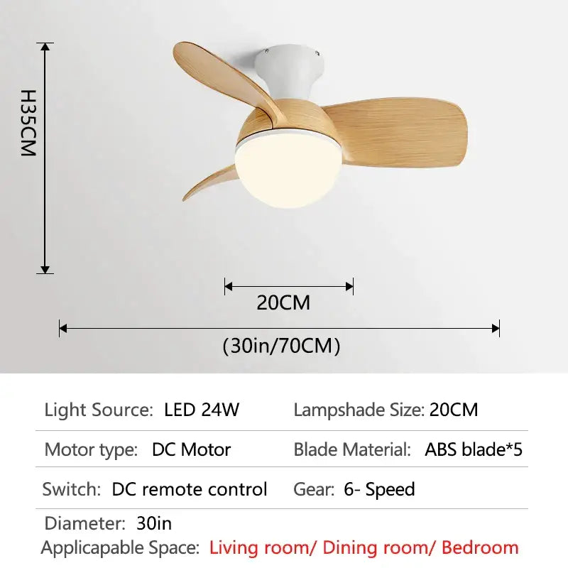 A modern ceiling fan light with three light wood blades and white led lampshade for bedroom chandelier use