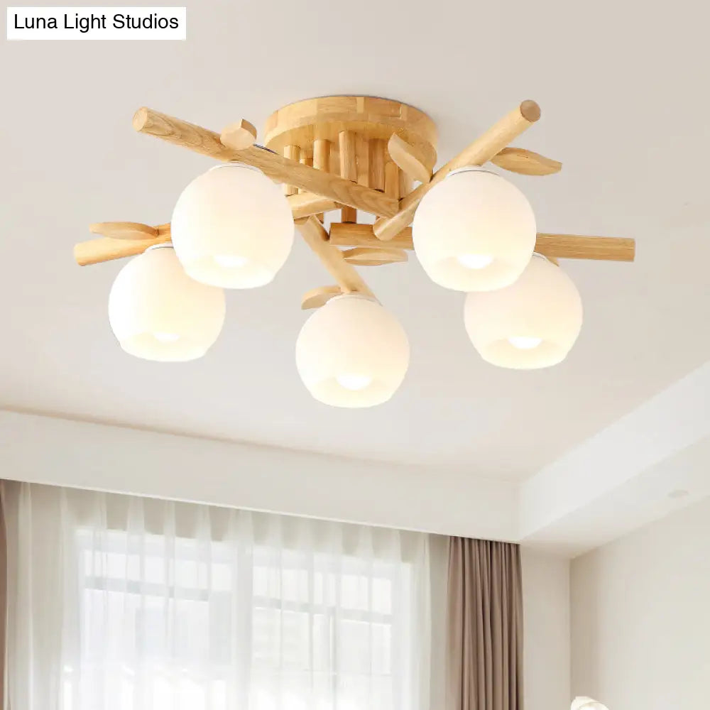 DecorBites™ DecorBites™ Modern Wood Branch Semi Flush Lighting - Beige Lamp with Milk White Glass Shade (3/5-Head)