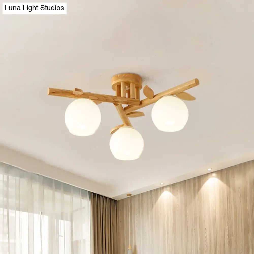 DecorBites™ DecorBites™ Modern Wood Branch Semi Flush Lighting - Beige Lamp with Milk White Glass Shade (3/5-Head)