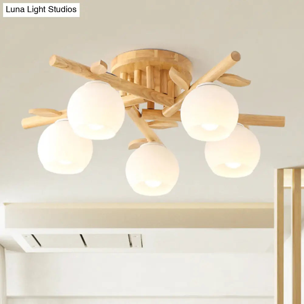 DecorBites™ DecorBites™ Modern Wood Branch Semi Flush Lighting - Beige Lamp with Milk White Glass Shade (3/5-Head)