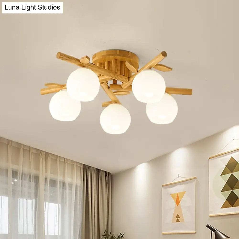 DecorBites™ DecorBites™ Modern Wood Branch Semi Flush Lighting - Beige Lamp with Milk White Glass Shade (3/5-Head)